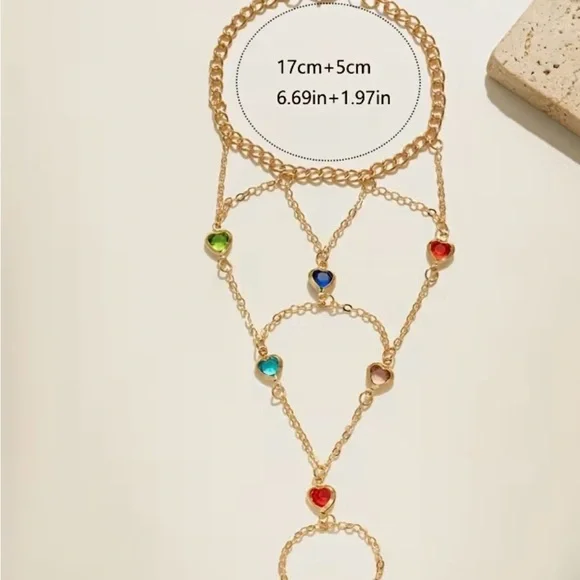Elegant Gold Hand Chain with Multicolor Heart Gemstones - Picture 4 of 5